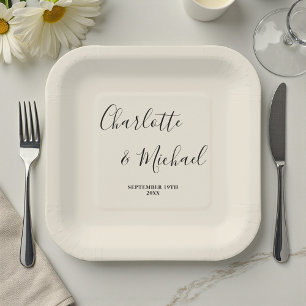 Elegant Natural White Script Minimalist Wedding Paper Plate
