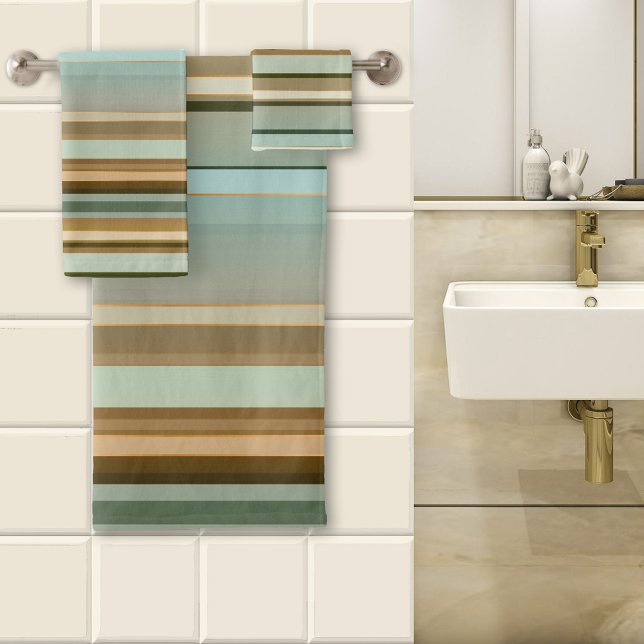 Élégant Nature Inspiré Multicolor Striped Motif (A lovely striped bathroom towel set in a variety of nature inspired colors with tiny rose gold lines)