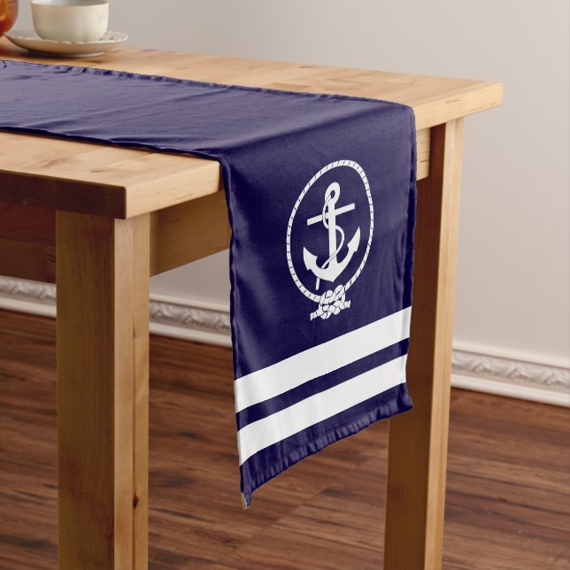 Elegant Nautical Anchor and Stripes Pattern Long Table Runner (In Situ)