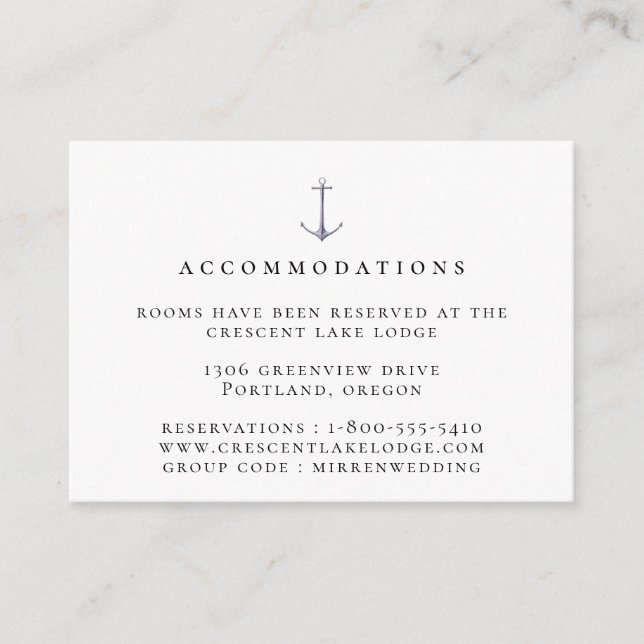 Elegant Nautical Anchor Wedding Accommodations Enclosure Card (Front)