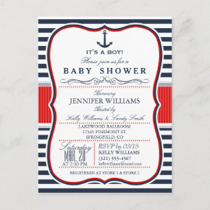 Elegant Nautical Baby Shower Invite; Navy and Red Invitation Postcard