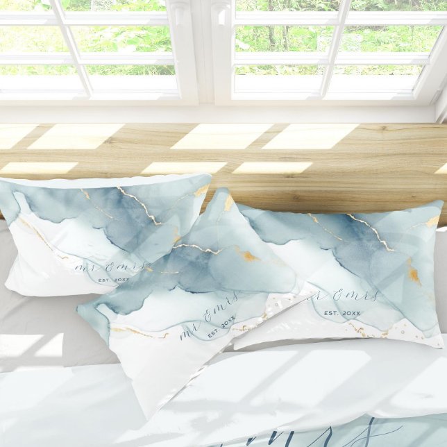 Elegant Nautical Beach Dusty Blue Mr Mrs Wedding Pillowcase (nautical dusty blue gold beach waves wedding anniversary gift duvet cover newly weds elegant modern)