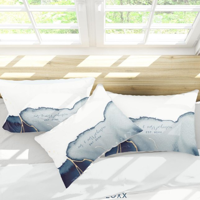 Elegant Nautical Beach Navy Blue Mr Mrs Wedding Pillowcase (unique personalized wedding gift blue navy gold nautical coastal beach comforter set elegant boho)