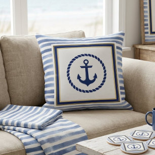 Elegant Nautical Blue Anchor and Light Blue Stripe Throw Pillow