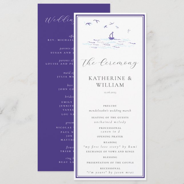 Elegant Nautical Boat Waves Navy Frame Wedding Program (Front/Back)