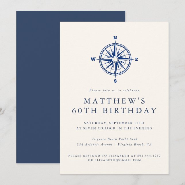Elegant Nautical Compass Adult Birthday Party  Invitation (Front/Back)