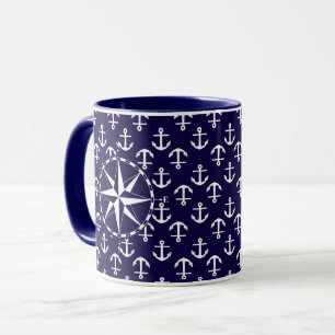 Elegant Nautical Compass And Anchor Pattern Blue Mug