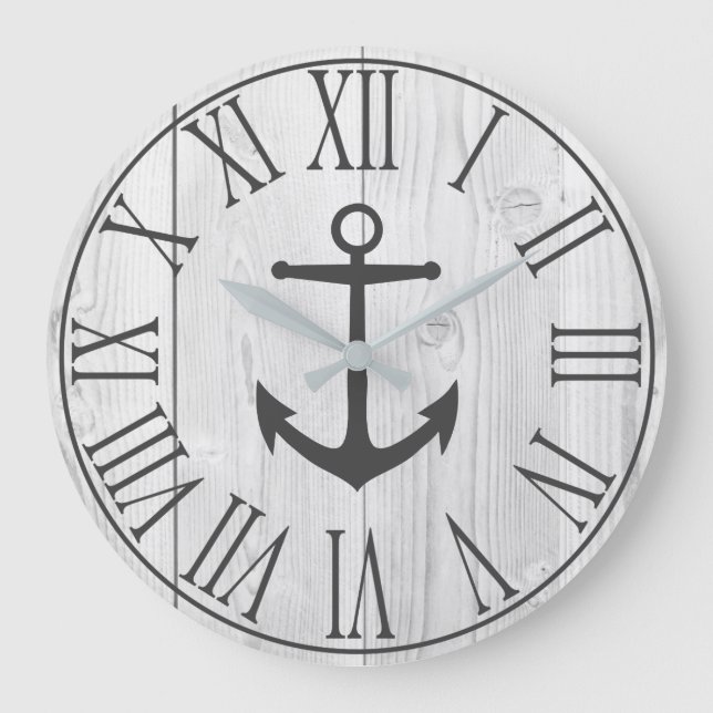 Elegant Nautical Faux White Wood & Grey Anchor Large Clock (Front)
