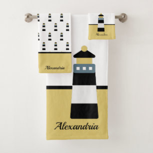 Elegant Nautical Gold and Black Striped Lighthouse Bath Towel Set