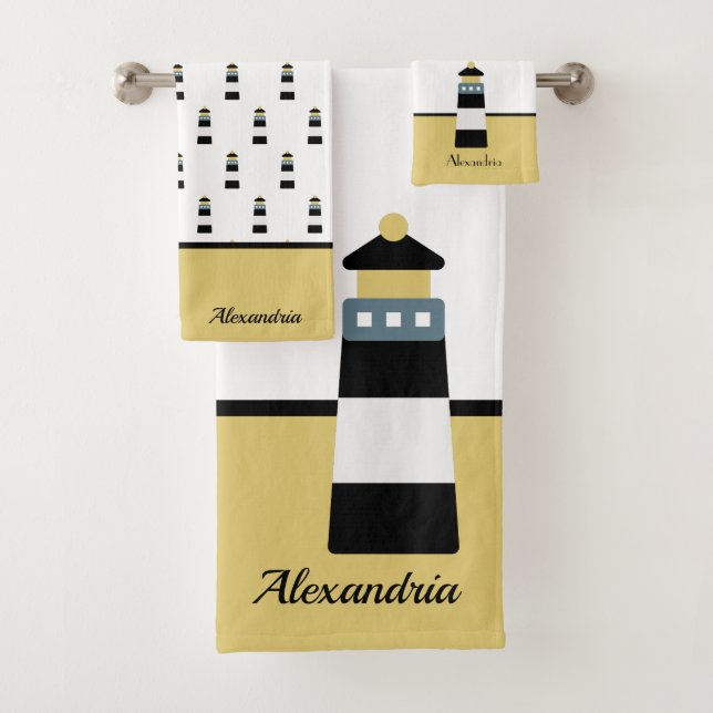 Elegant Nautical Gold and Black Striped Lighthouse Bath Towel Set (Insitu)