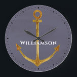 Elegant Nautical Gold Boat Anchor Monogram Large Clock<br><div class="desc">Elegant gold coloured boat anchor adds some nautical flare. Monogrammed with name. Perfect for home,  lake house,  boat house,  office or yacht. Blue, black, white and  gold tones.</div>
