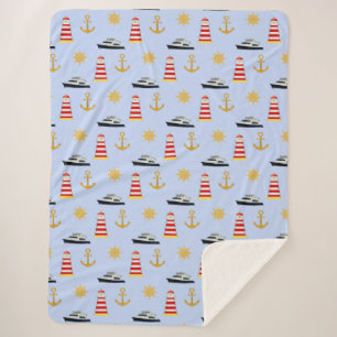 Elegant Nautical Icons on Light Blue Sherpa Blanket