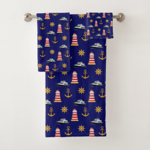 Elegant Nautical Icons on Navy Blue Bath Towel Set