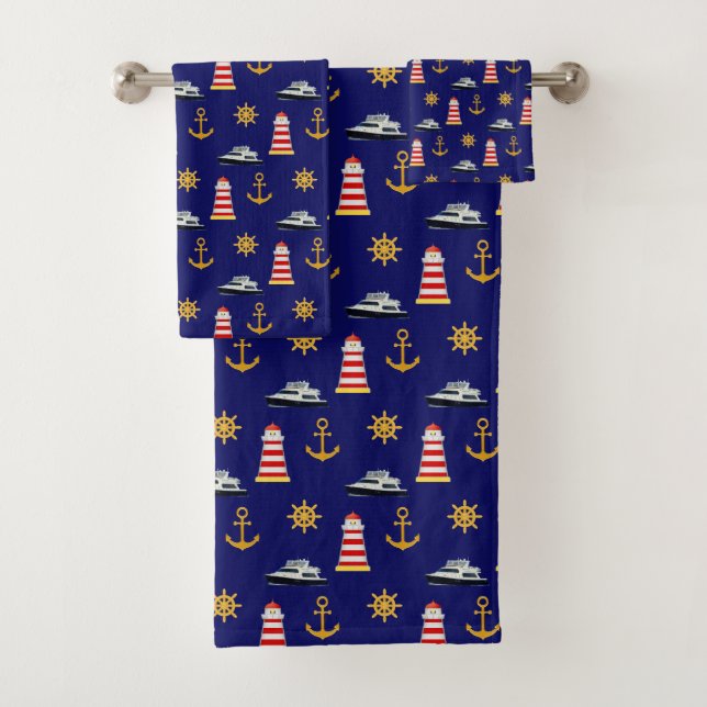 Elegant Nautical Icons on Navy Blue Bath Towel Set (Insitu)