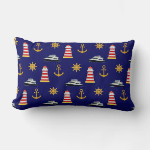 Elegant Nautical Icons on Navy Blue Lumbar Pillow