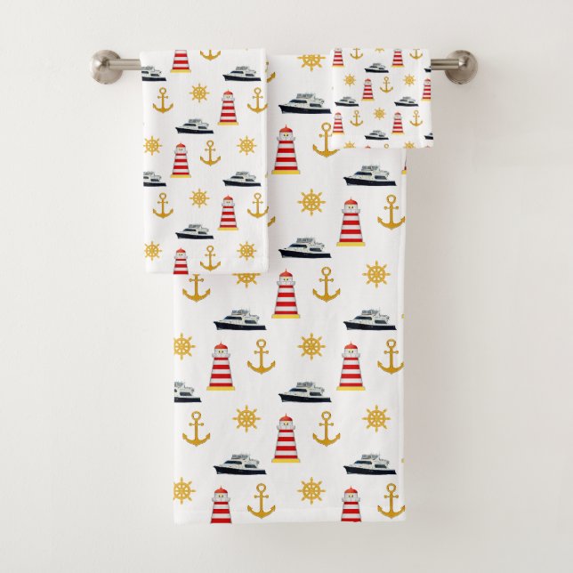 Elegant Nautical Icons on White Bath Towel Set (Insitu)