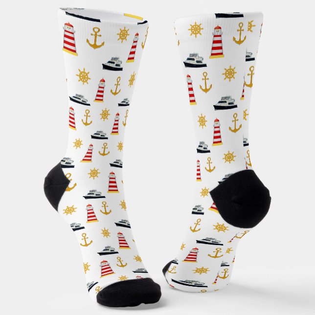 Elegant Nautical Icons on White Socks (Angled)