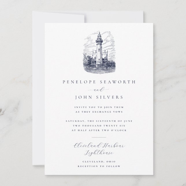 Elegant Nautical Lighthouse Illustration Wedding Invitation (Front)