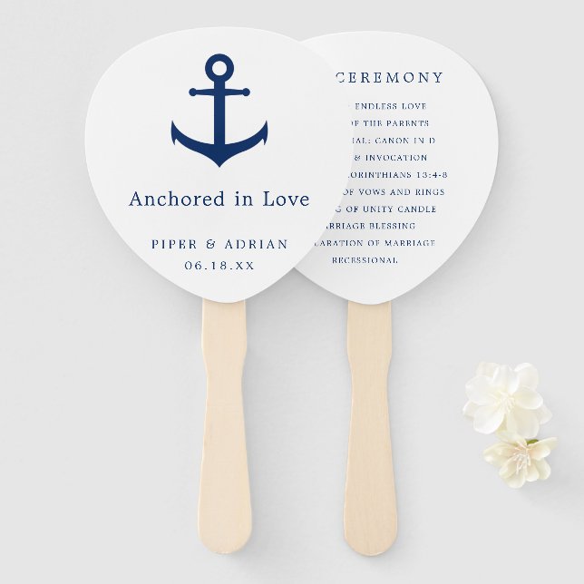 Elegant Nautical Navy Blue Anchor Wedding Program Hand Fan (Front and Back)