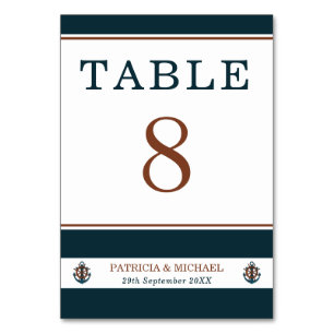 Elegant Nautical Navy Blue Anchor Wedding Table Number