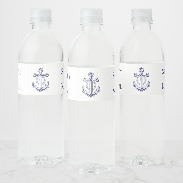 Elegant Nautical Navy Blue Anchor Wedding Water Bottle Label (Bottles)