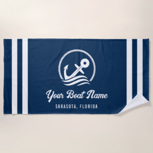 Elegant Nautical Navy Blue Custom Boat Name Beach Towel