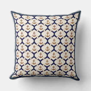Elegant Nautical Navy Blue & Gold Anchor Trellis Throw Pillow