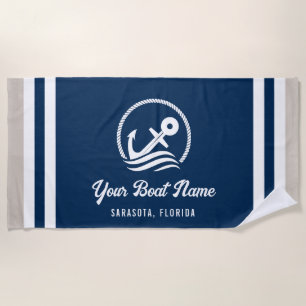 Elegant Nautical Navy Blue Grey Custom Boat Name Beach Towel