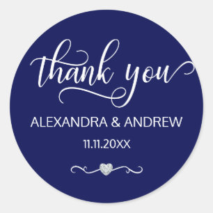 Elegant Nautical Navy Blue Wedding Thank You Classic Round Sticker