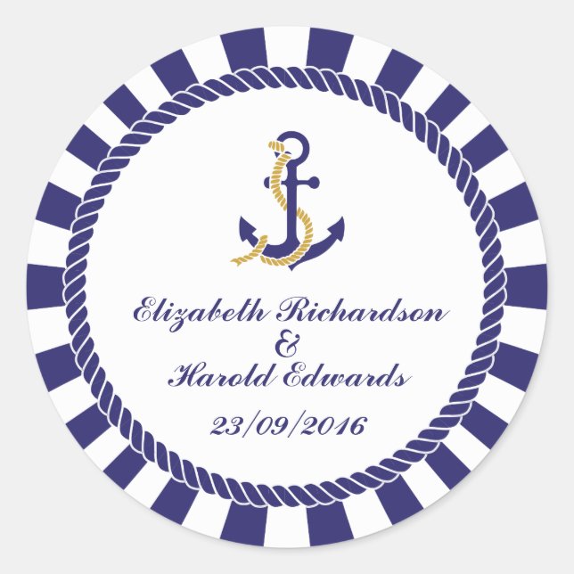 Elegant Nautical Navy Wedding Classic Round Sticker (Front)