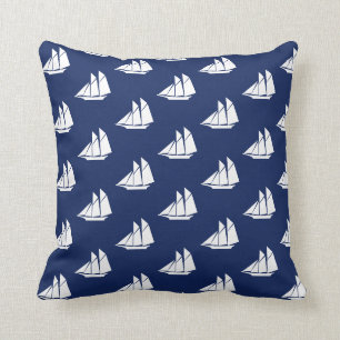 Elegant Nautical Sailing Yacht Pattern on Blue Throw Pillow