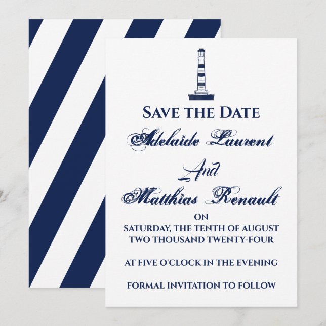 Elegant Nautical Save the Date - Navy Blue, Invitation (Front/Back)