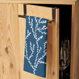 Elegant, Nautical Seaweed Pattern Teal Blue Kitchen Towel