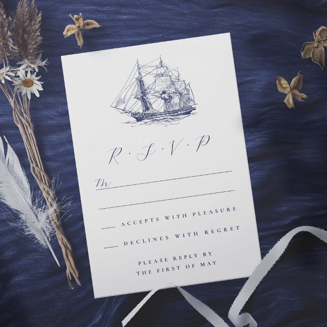 Elegant Nautical Ship Illustration Wedding RSVP Card (In situ of nautical ship RSVP card)