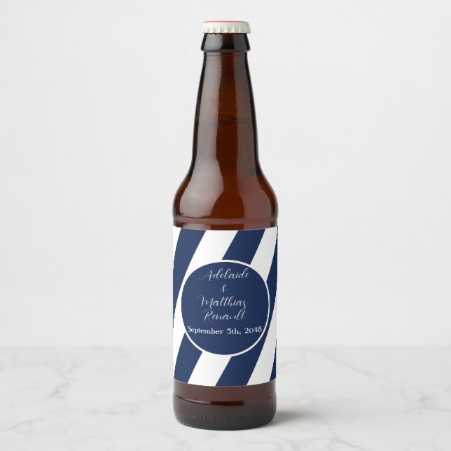 Elegant Nautical Striped Wedding -Navy Blue, White Beer Bottle Label (Front)