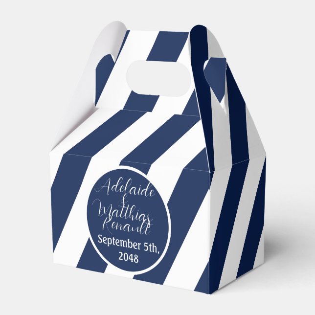 Elegant Nautical Striped Wedding -Navy Blue, White Favor Box (Front Side)