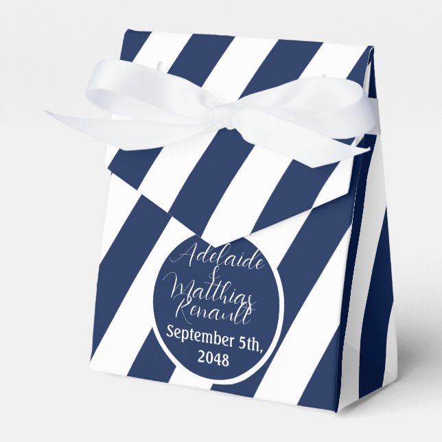 Elegant Nautical Striped Wedding -Navy Blue, White Favor Box (Front Side)
