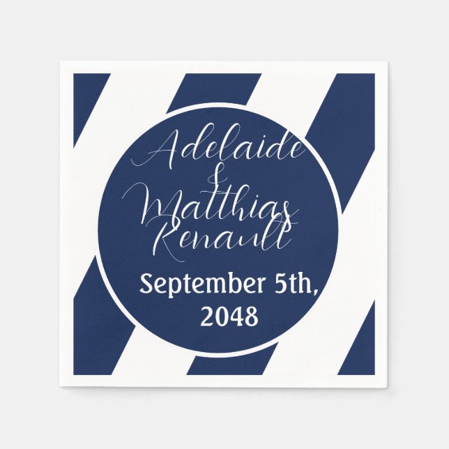 Elegant Nautical Striped Wedding -Navy Blue, White Napkin (Front)