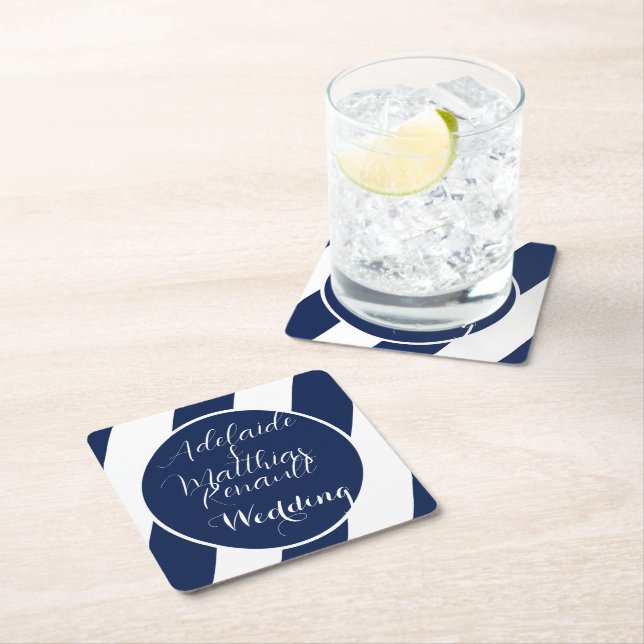 Elegant Nautical Striped Wedding -Navy Blue, White Square Paper Coaster (Insitu)