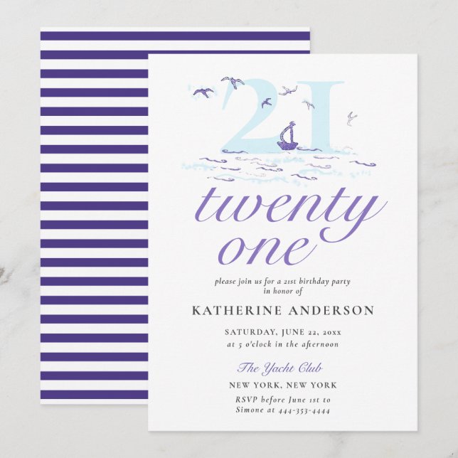 Elegant Nautical Stripes Boat Ocean 21st Birthday Invitation (Front/Back)