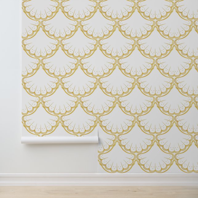 Elegant Nautical theme Golden shell pattern white Wallpaper (Application)