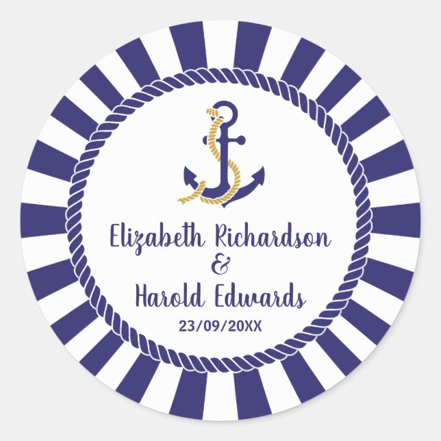 Elegant Nautical Wedding Navy Anchor Classic Round Sticker (Front)