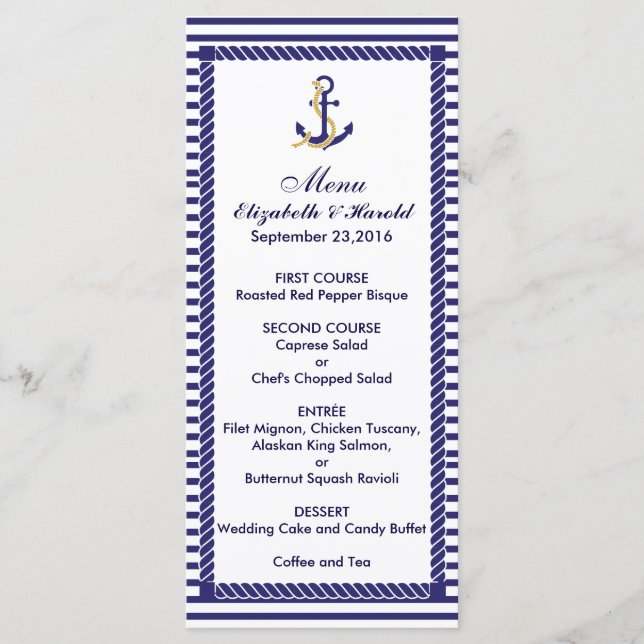 Elegant Nautical Wedding Navy Stripes Menu (Front)