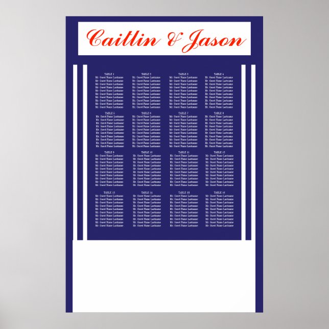 Elegant Nautical Wedding Navy Stripes Seat Chart (Front)