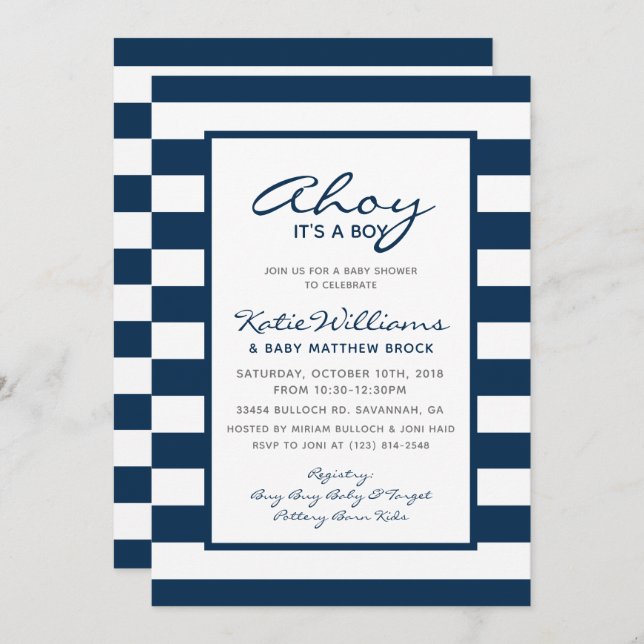 Elegant Nautical White Blue Anchor Boy Baby Shower Invitation (Front/Back)