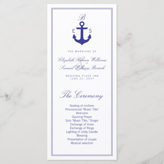 Élégant Nautique Programme de Mariage Propre Carte (Devant)