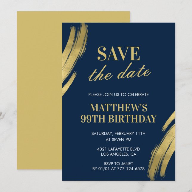 Elegant Navy 99th birthday Save the date  Invitation (Front/Back)