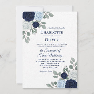 Elegant Navy and Blue Floral Wedding Invitation