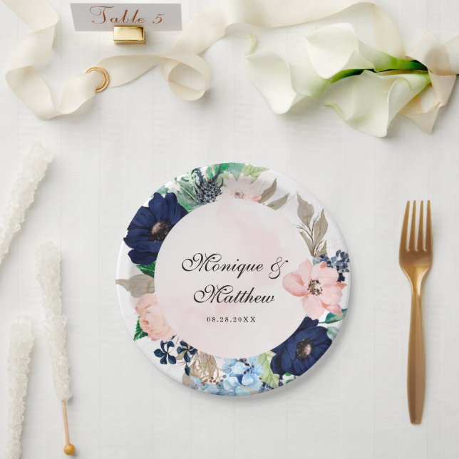 Elegant Navy and Blush Pink Florals Wedding Paper Plate (Wedding)
