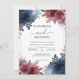 Elegant Navy and Burgundy Floral Wedding Invitation